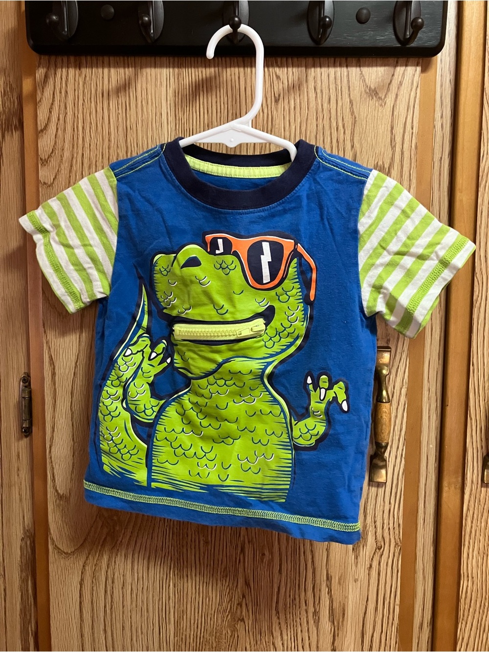 2t healthtex Blue Tee with Lime Crocodile Graphic and Striped Sleeves